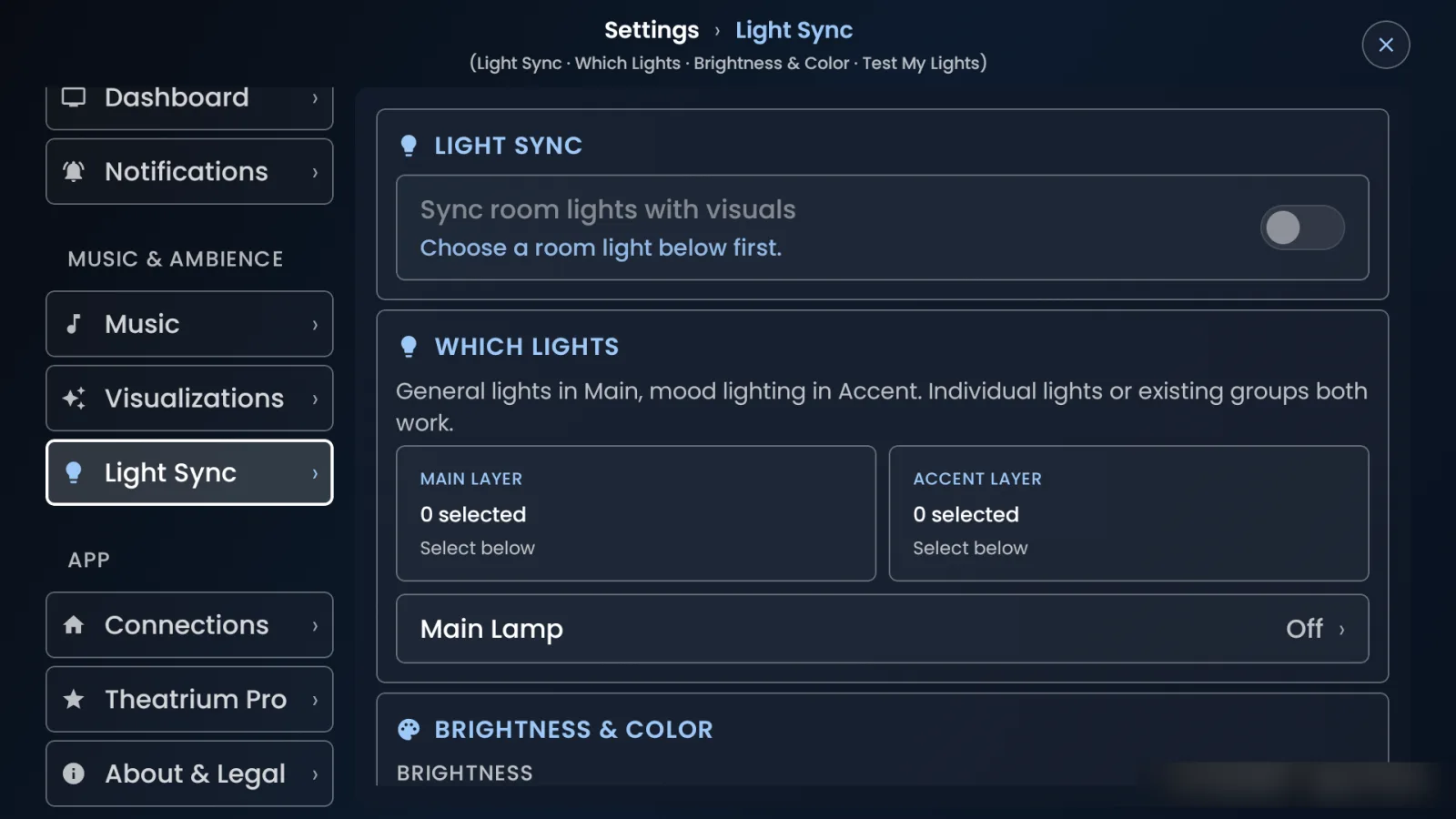 Theatrium settings on a tablet, open at Light Sync.