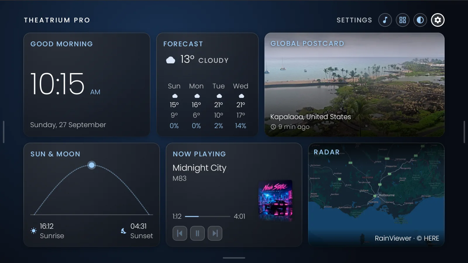 Theatrium on a Google TV: clock, forecast, a postcard photo, sun and moon, now playing and rain radar.