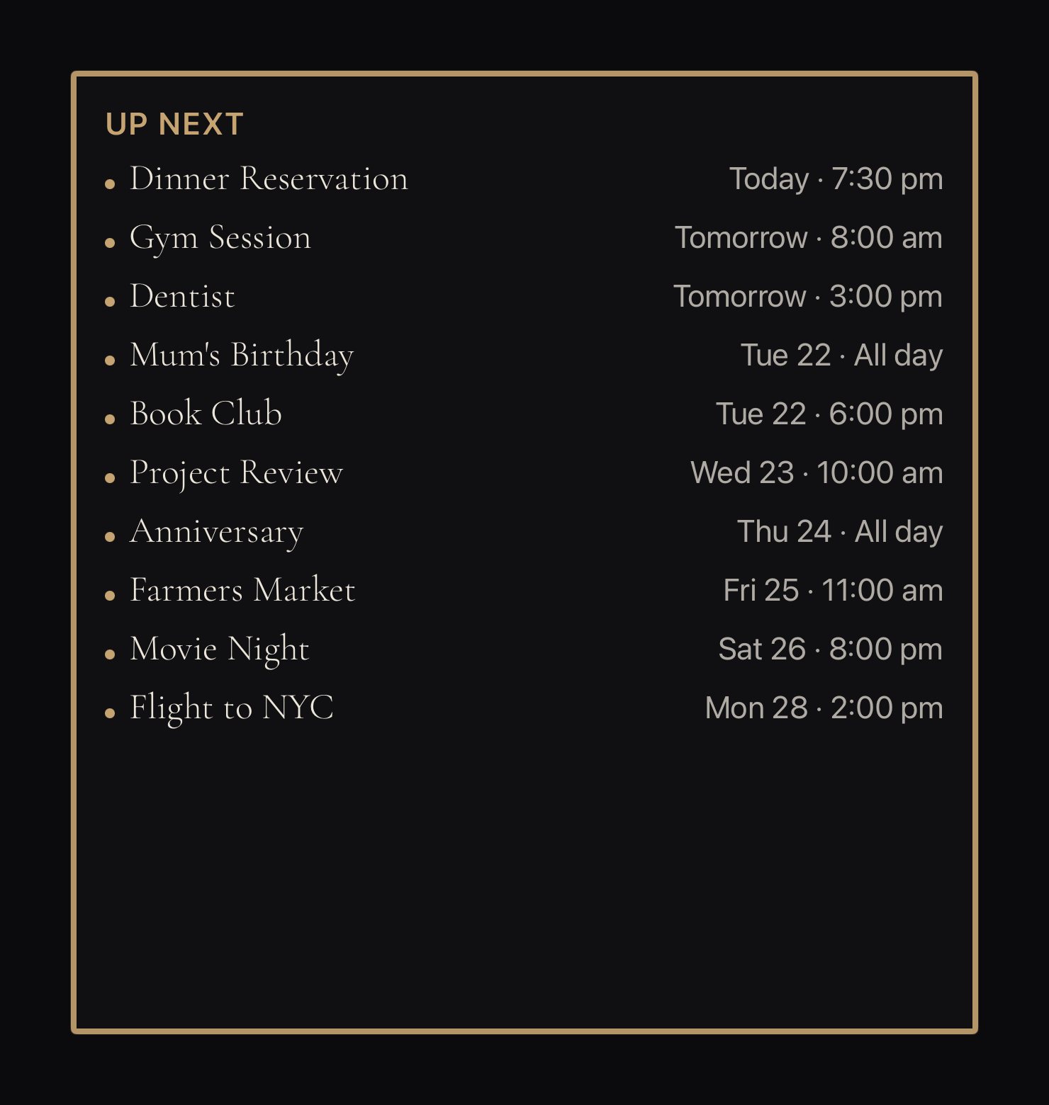 The Calendar card, an Up Next agenda listing ten upcoming events with their dates and times