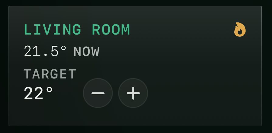 The Climate card for the Living Room, showing the current and target temperature with plus and minus controls