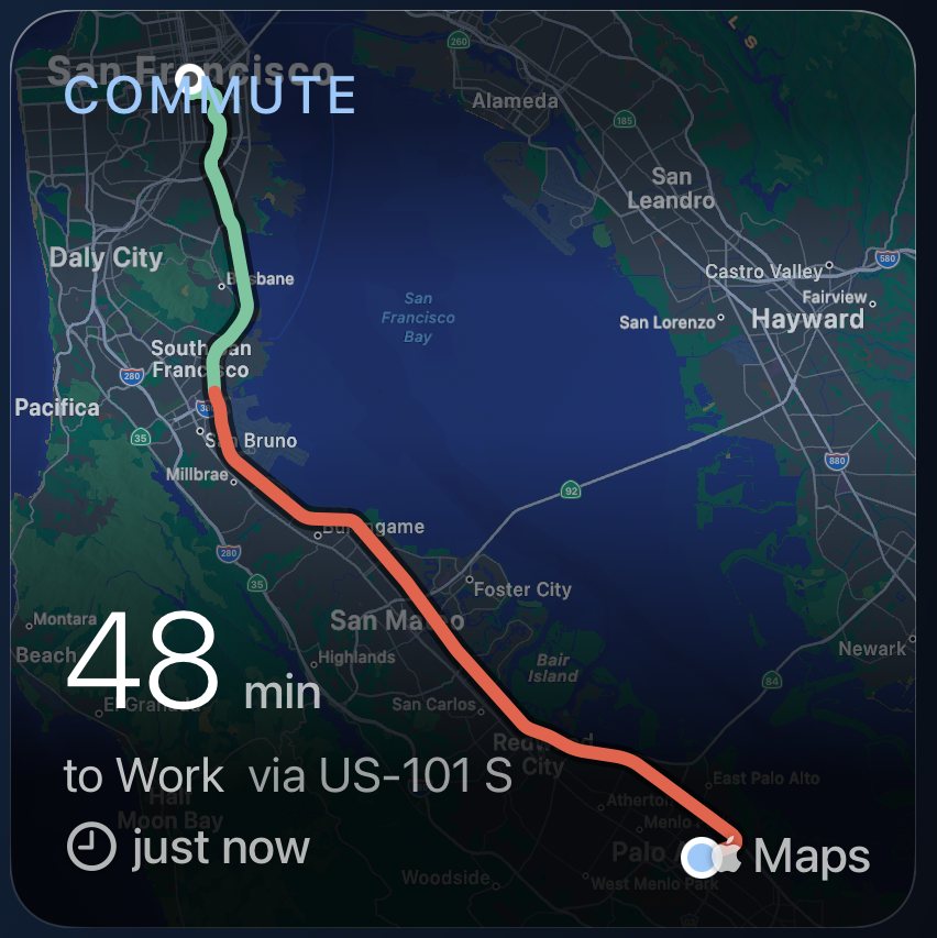 The Commute card, showing a 48 minute drive to work on a map with the route highlighted