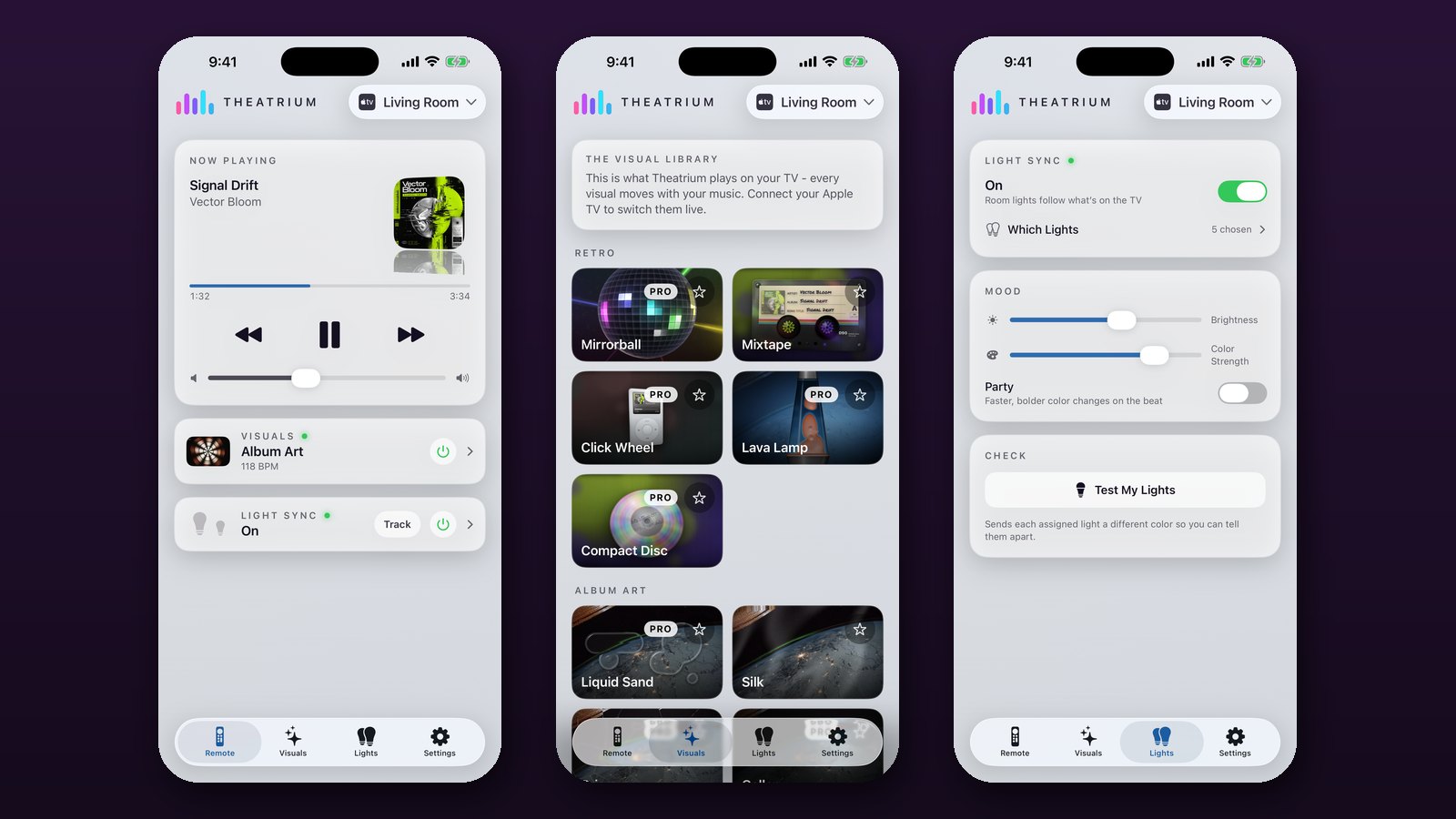 The Theatrium iPhone app, showing the Now Playing screen with Visuals and Light Sync controls beneath it