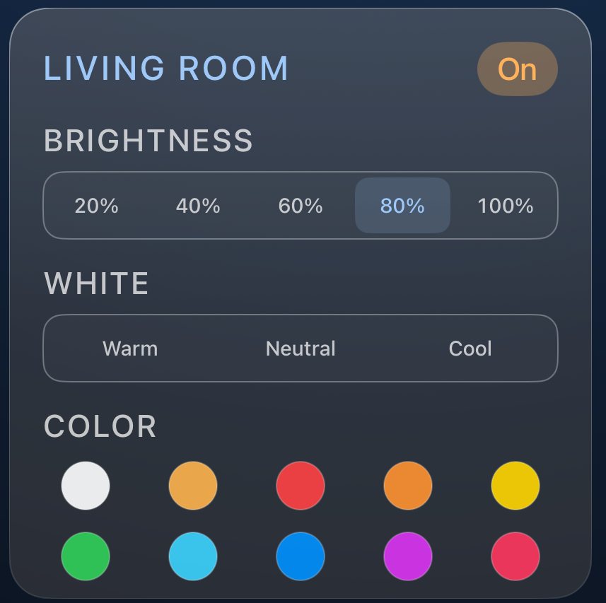 The Lights card for the Living Room, showing brightness presets, warm to cool white, and a colour palette
