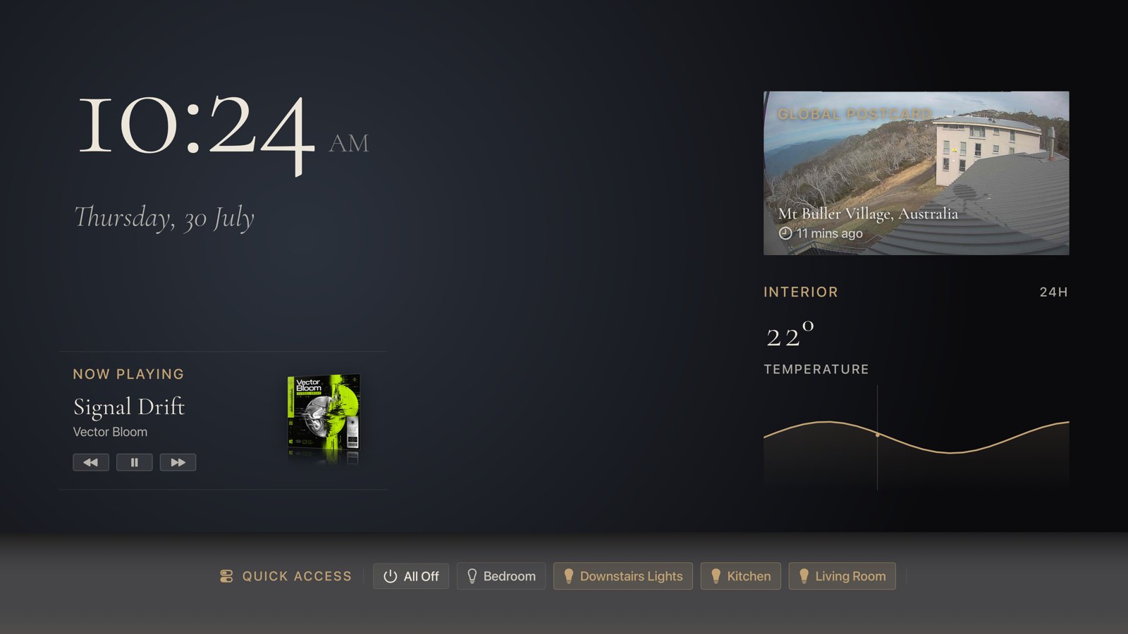 The Quick Access bar along the bottom of the screen, with buttons for All Off, Bedroom, Downstairs Lights, Kitchen and Living Room
