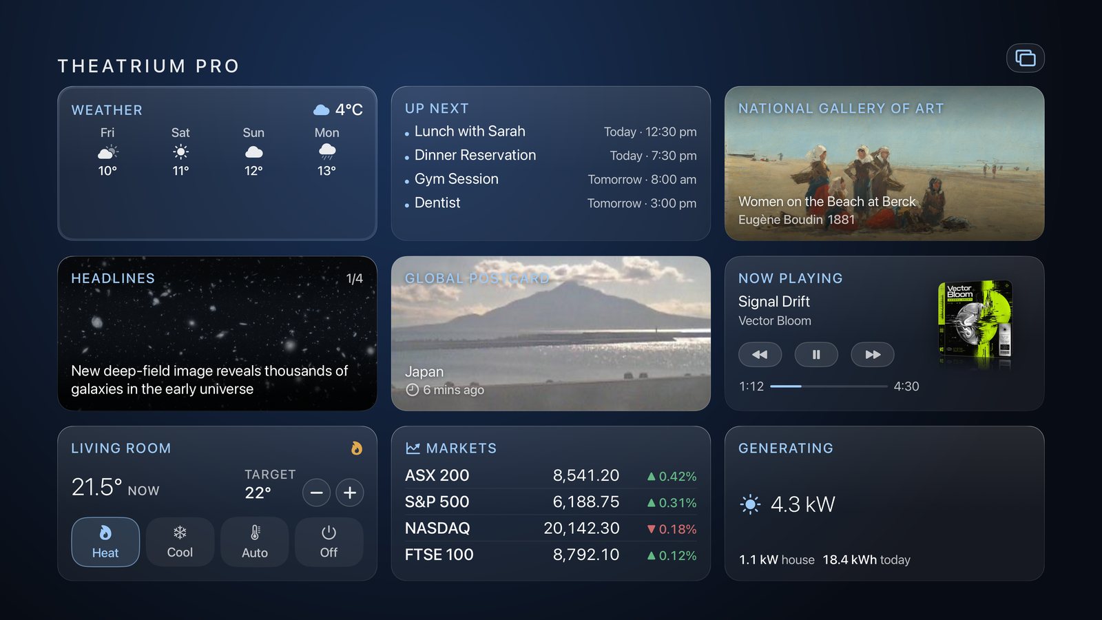 A second page of nine cards: weather, an agenda, a painting, headlines, a webcam, now playing, a thermostat, markets and solar generation