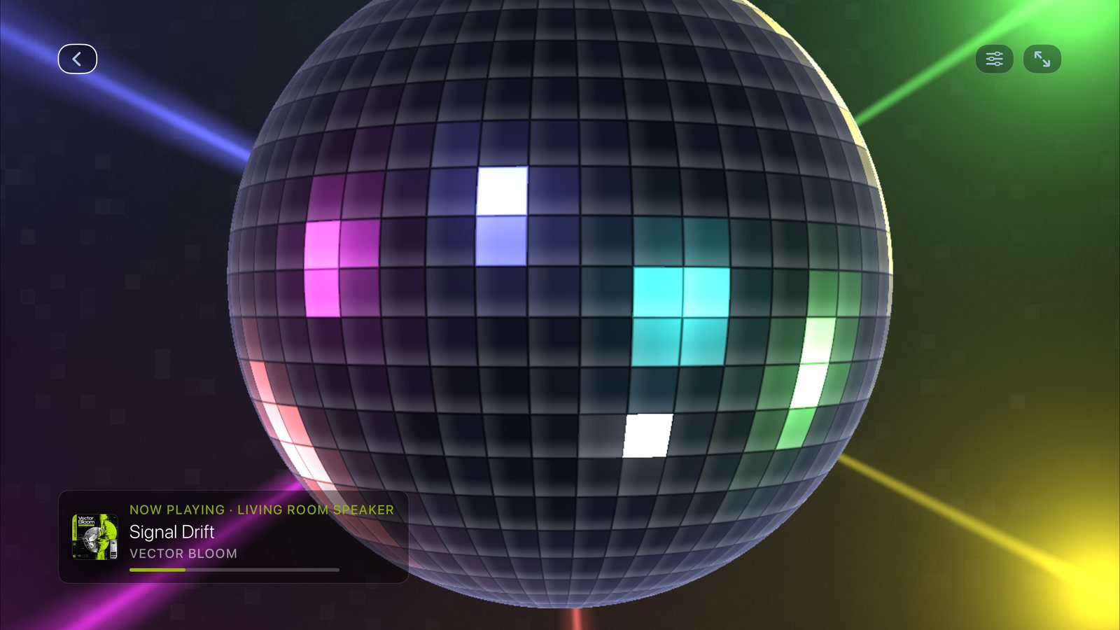The Mirrorball music visualiser scene, filling the screen with coloured light