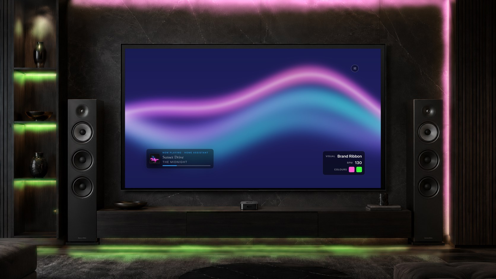 A lounge with its LED lights synced to the on-screen scene