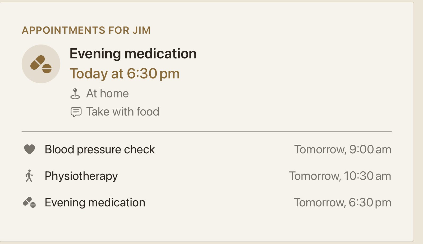 A Theatrium Appointments card on an Apple TV, headed Appointments for Jim, showing Evening medication today at 6:30 pm at home with a note to take it with food, and three later appointments listed underneath