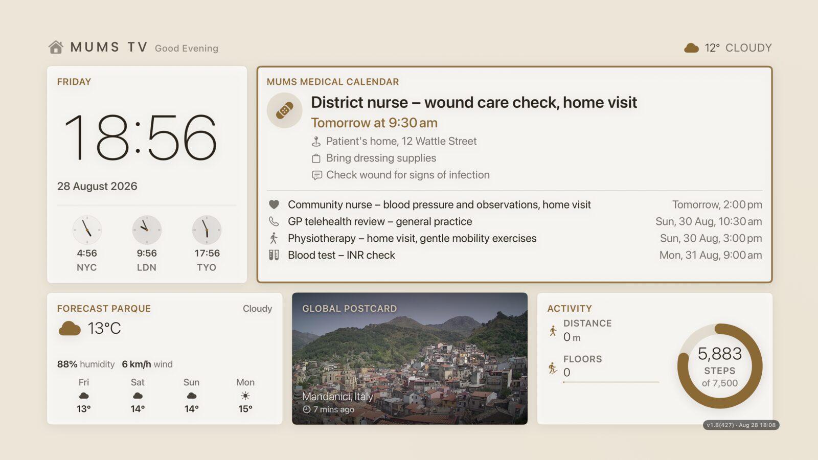A Theatrium dashboard in light mode, with the Appointments card showing a District nurse wound care home visit tomorrow at 9:30am, alongside the clock, weather, webcam and activity cards