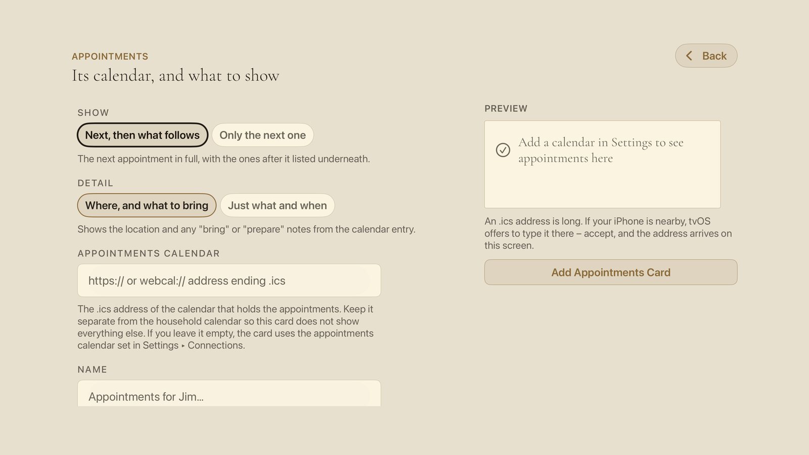 The Appointments card setup screen on Apple TV, headed Its calendar, and what to show: choices for how much to show and how much detail, a box for the appointments calendar link, a box for the card name, and a preview of the card