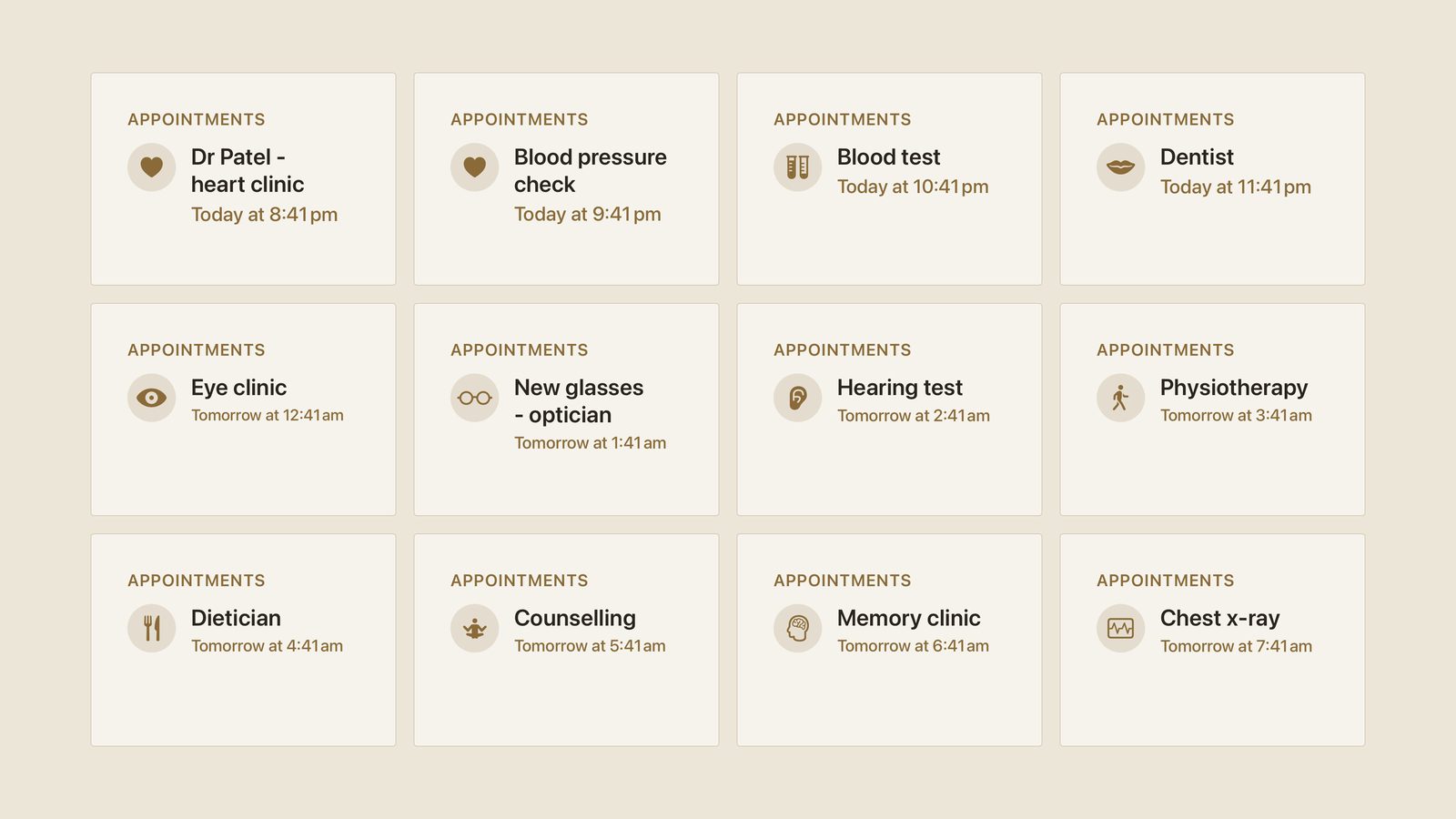 Twelve Theatrium Appointments cards side by side showing different appointment types and their matching icons: heart clinic, blood pressure check, blood test, dentist, eye clinic, optician, hearing test, physiotherapy, dietitian, counseling, memory clinic and chest x-ray