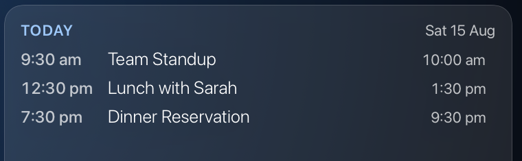 A Theatrium calendar card on an Apple TV dashboard, showing today's agenda: Team Standup at 9:30 am, Lunch with Sarah at 12:30 pm and Dinner Reservation at 7:30 pm