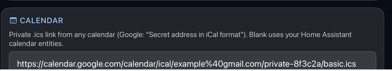 Theatrium's Calendar setting on Apple TV, showing a Google Calendar .ics address pasted into the calendar link box