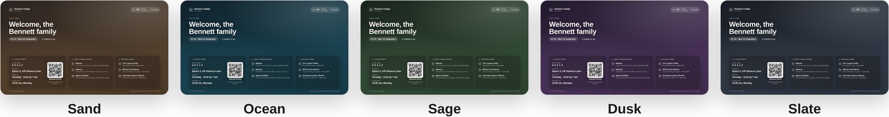 The same Short Stay guest screen shown in five colour washes: Sand, Ocean, Sage, Dusk and Slate
