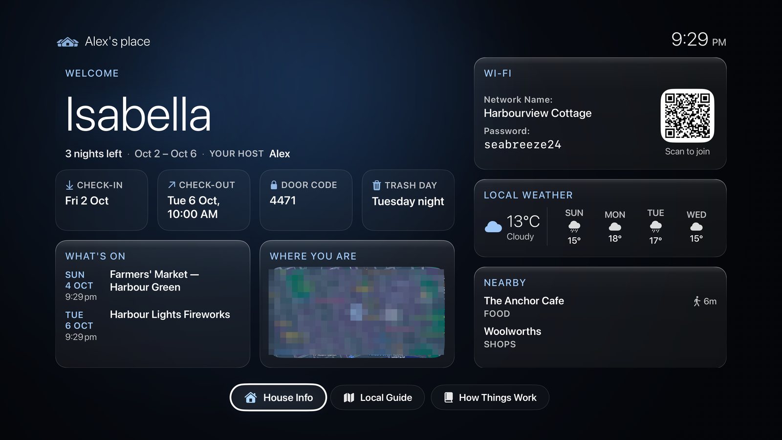The Short Stay guest screen on an Apple TV, welcoming Isabella with her stay dates and host, tiles for check-in, check-out, door code and trash day, a Wi-Fi code, local weather, what is on and places nearby