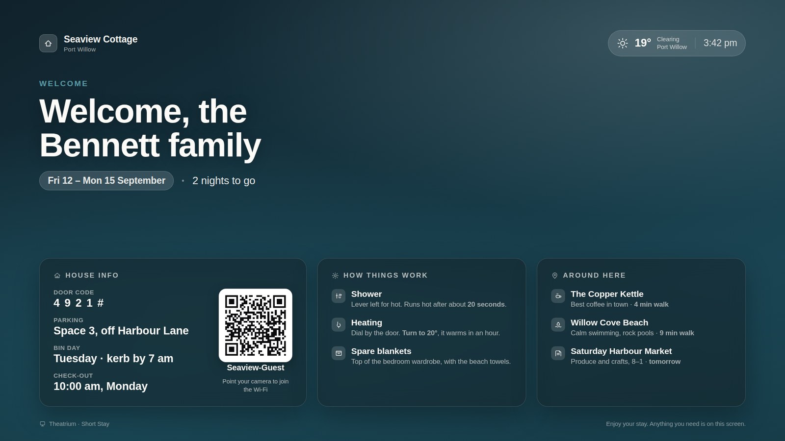 The Short Stay guest screen on an Apple TV, showing a welcome message for the Bennett family, their stay dates, the local weather, and tiles for house info with a Wi-Fi code, how things work, and places to visit nearby