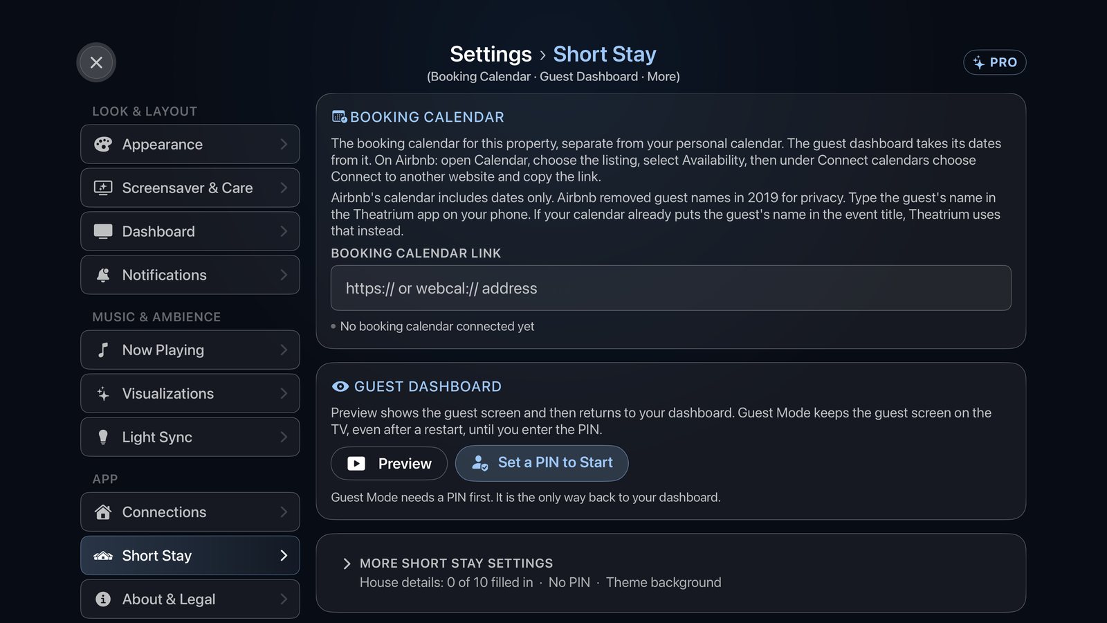 The Settings, Short Stay screen on Apple TV, showing the Booking Calendar link field, the Guest Dashboard card with Preview and Start Guest Mode buttons, and the More Short Stay settings row