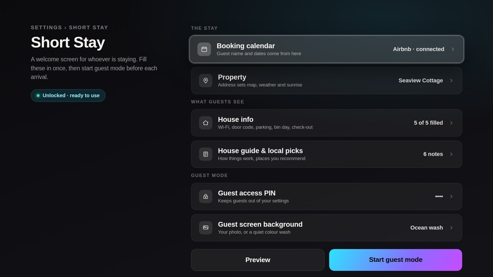 The Settings, Short Stay screen on Apple TV, listing the booking calendar, property, house info, house guide, guest access PIN and guest screen background, with Preview and Start guest mode buttons