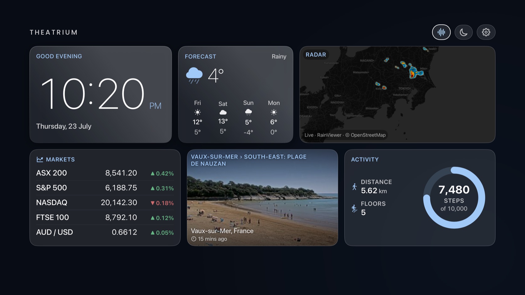 Theatrium dashboard with the new Activity card showing steps, distance and floors with a goal ring, the room lights a soft, muted white