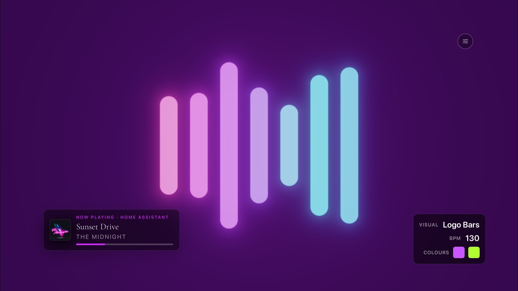 Theatrium aurora visualiser in green and magenta, the room lights glowing to match