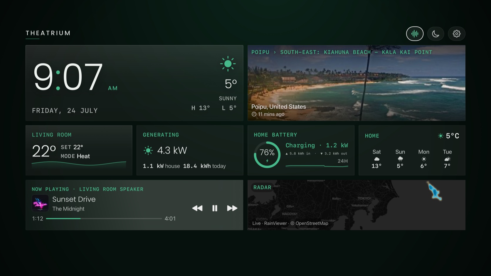 Theatrium dashboard with a large live camera feed and a weather radar card, emerald theme, the room lights a soft, muted white