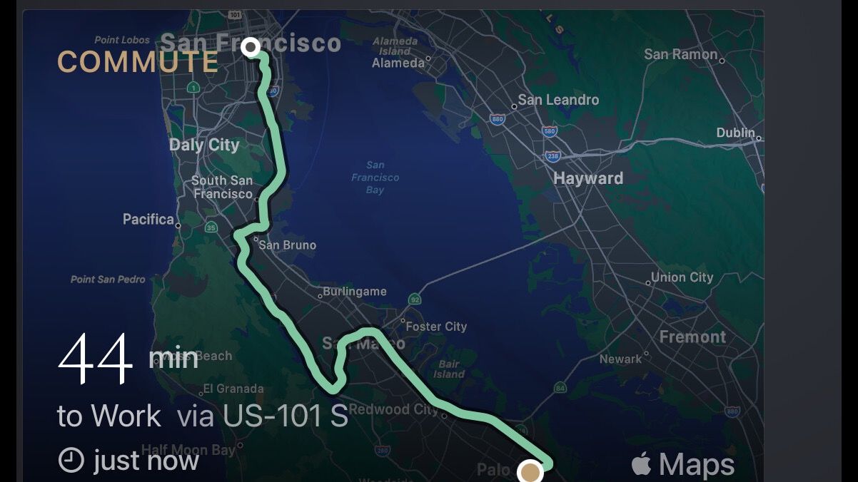 Theatrium’s Commute card on the Apple TV, the drive to work drawn end to end on Apple Maps with the current driving time