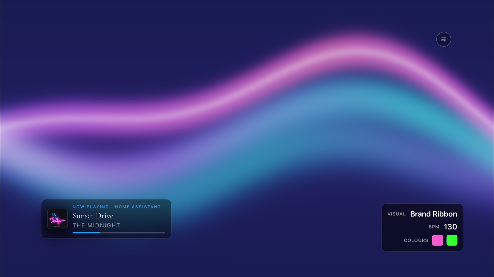 Theatrium visualiser drifting in cyan and blue, the room lights flowing to match