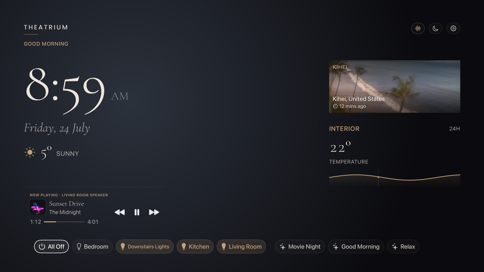 Theatrium Estate dashboard on the TV, the room lights a soft, muted white