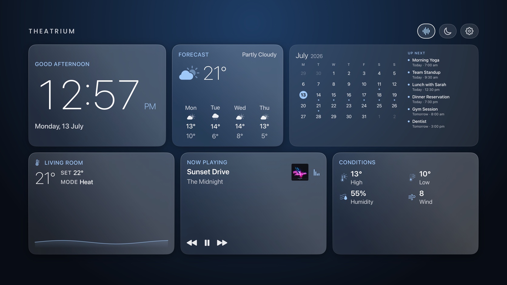 Theatrium Glass dashboard with a month calendar and upcoming events on the TV, the room lights a soft, muted white