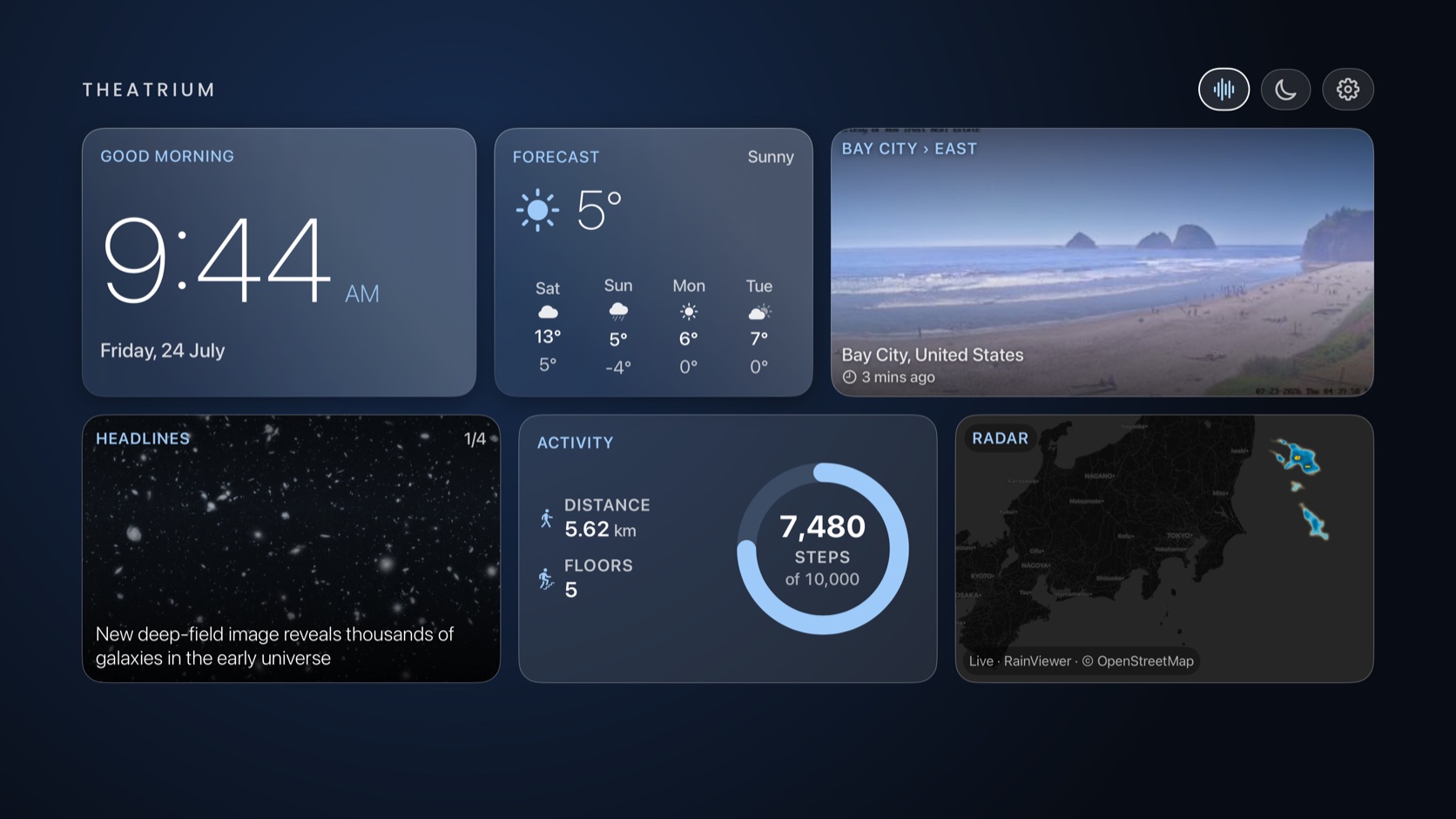 Theatrium Glass dashboard on the TV, the room lights a soft, muted white