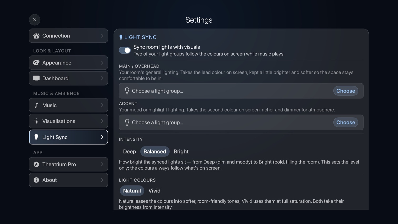 Theatrium Light Sync settings with Main and Accent light groups and intensity