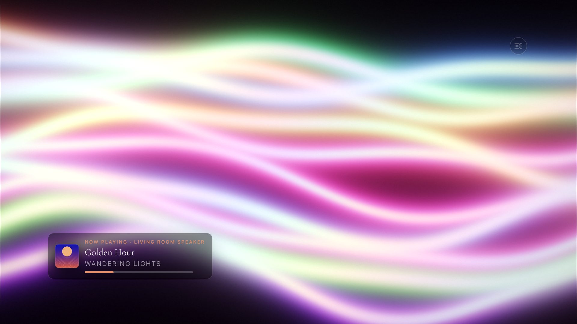 Theatrium music visualiser: soft violet and green ribbons drifting across the screen