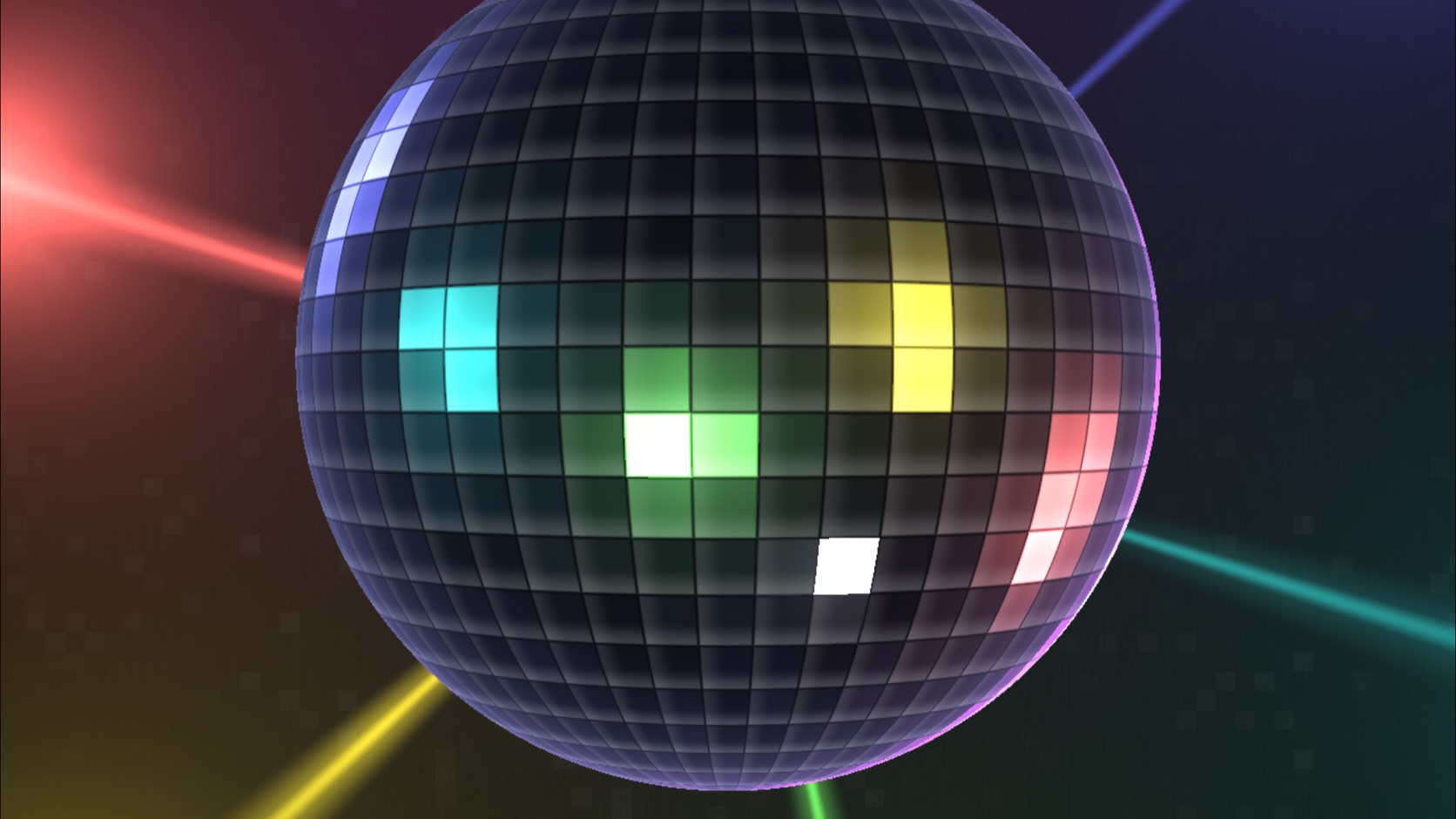 Theatrium Mirrorball visualiser: a hyper-real disco ball scattering coloured light, the room lights glowing to match