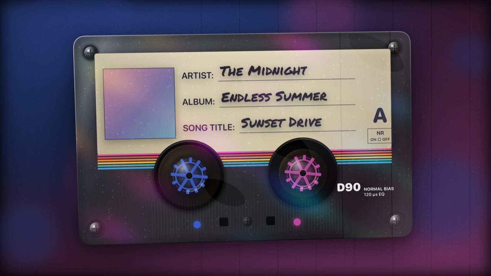 Theatrium Mixtape visualiser: a clear cassette with a handwritten label and spinning reels, the room lights glowing to match