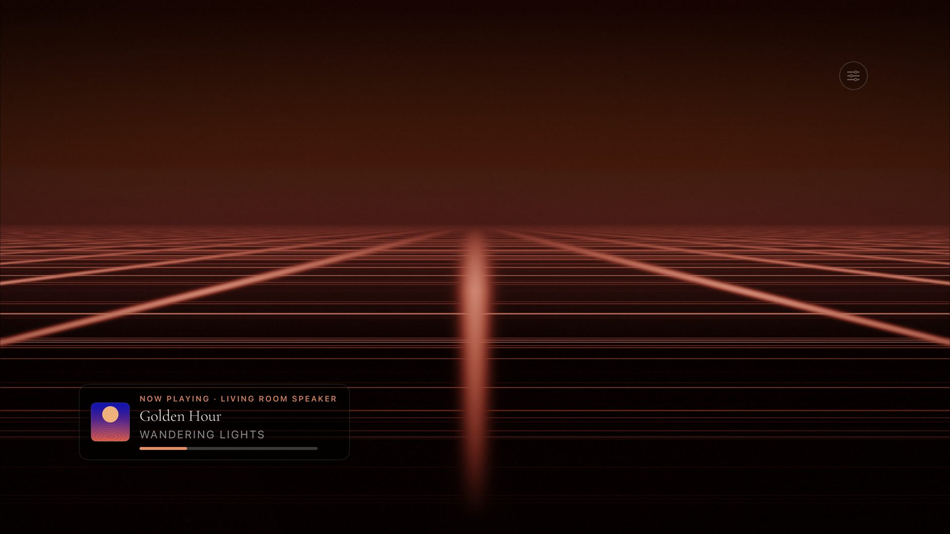 Theatrium Neon Grid visualiser: a red horizon grid receding into the dark, the room lights glowing to match