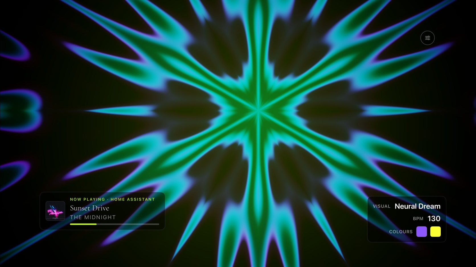 Theatrium neural visualiser in gold, the room lights glowing amber to match