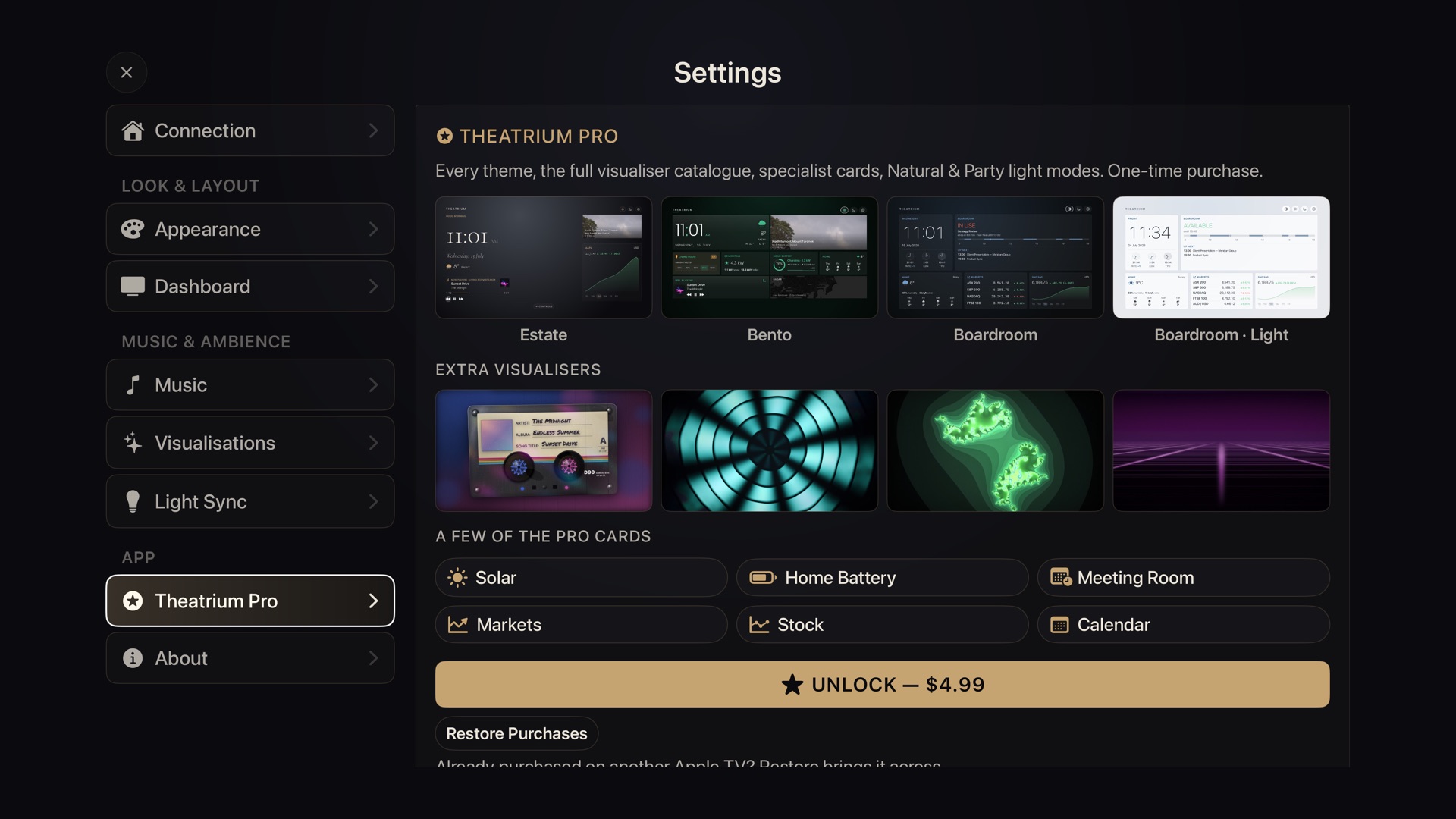 The Theatrium Pro screen showing extra themes, extra visualisers and specialist cards for a one-time purchase