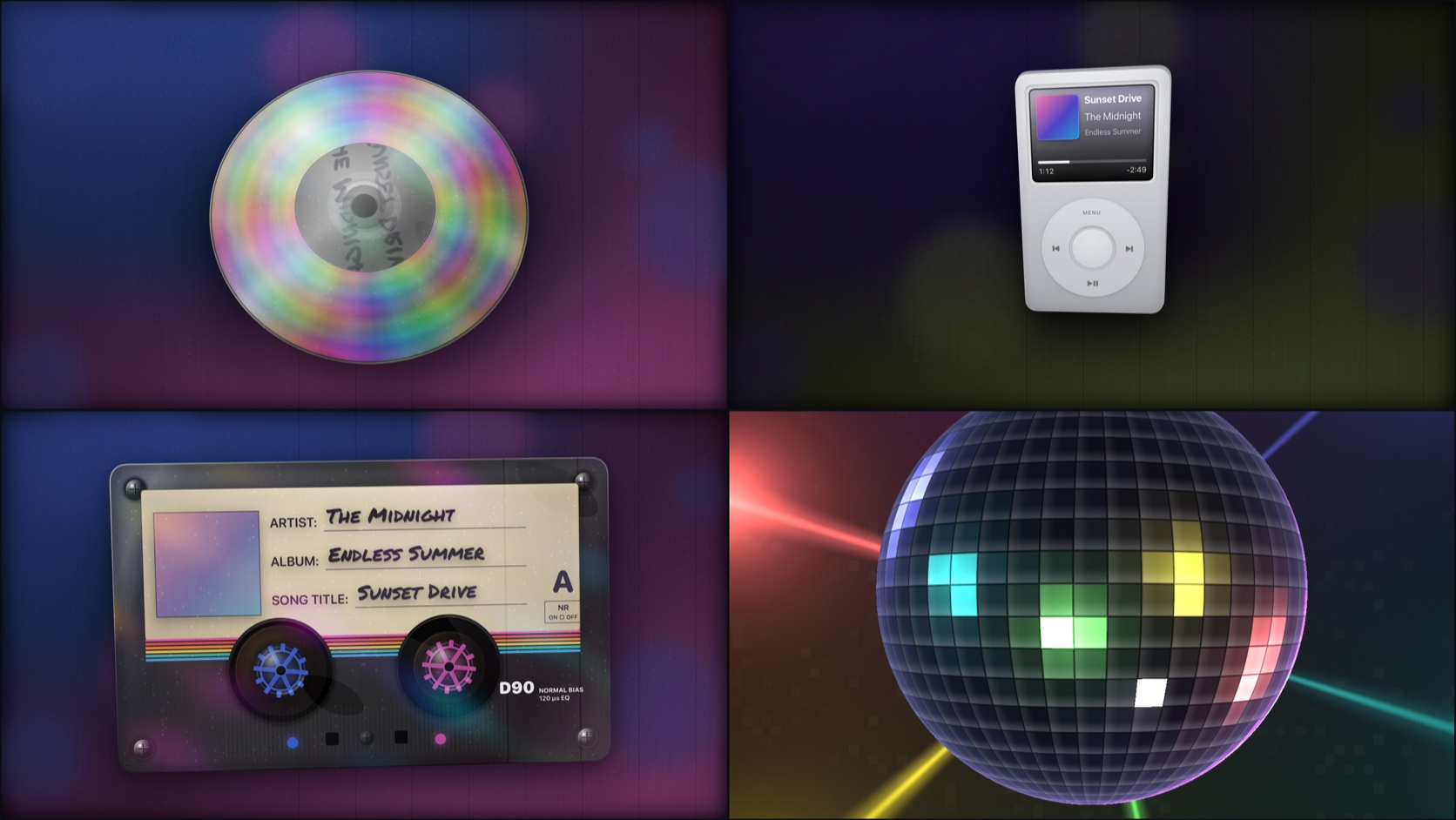 Theatrium&rsquo;s four retro visualisers: a 3D Compact Disc, a click-wheel iPod, a Mixtape cassette and a Mirrorball