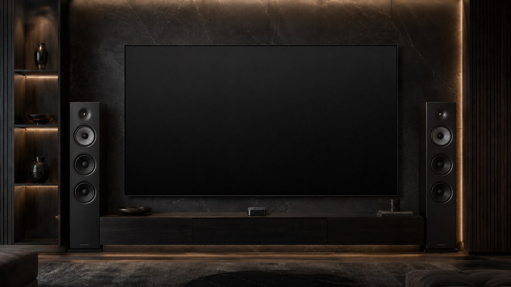 A modern home-theatre lounge, its two light groups shifting colour to match what's on the Apple TV