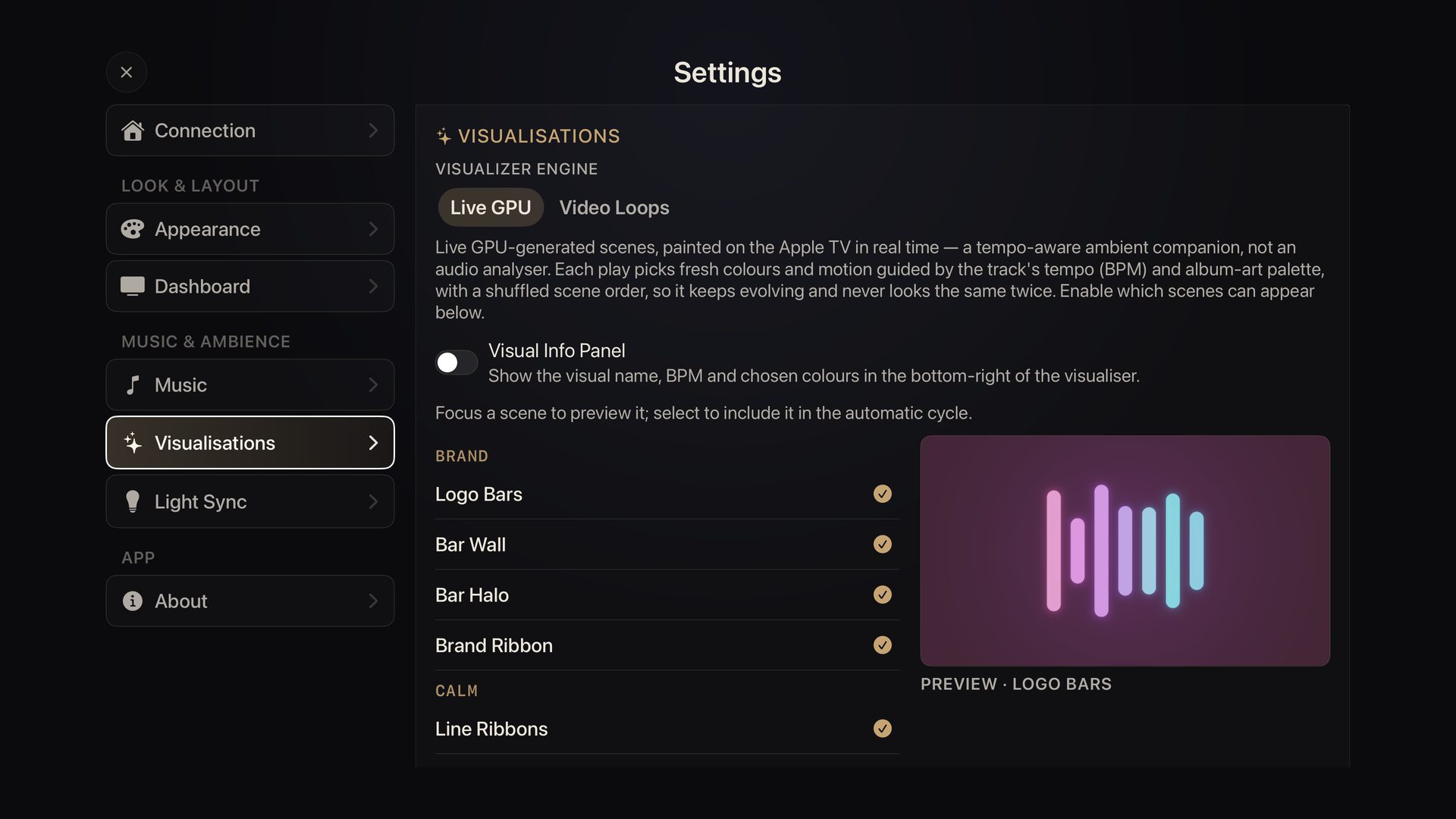 Theatrium’s visualiser settings listing every scene with a live preview beside the list