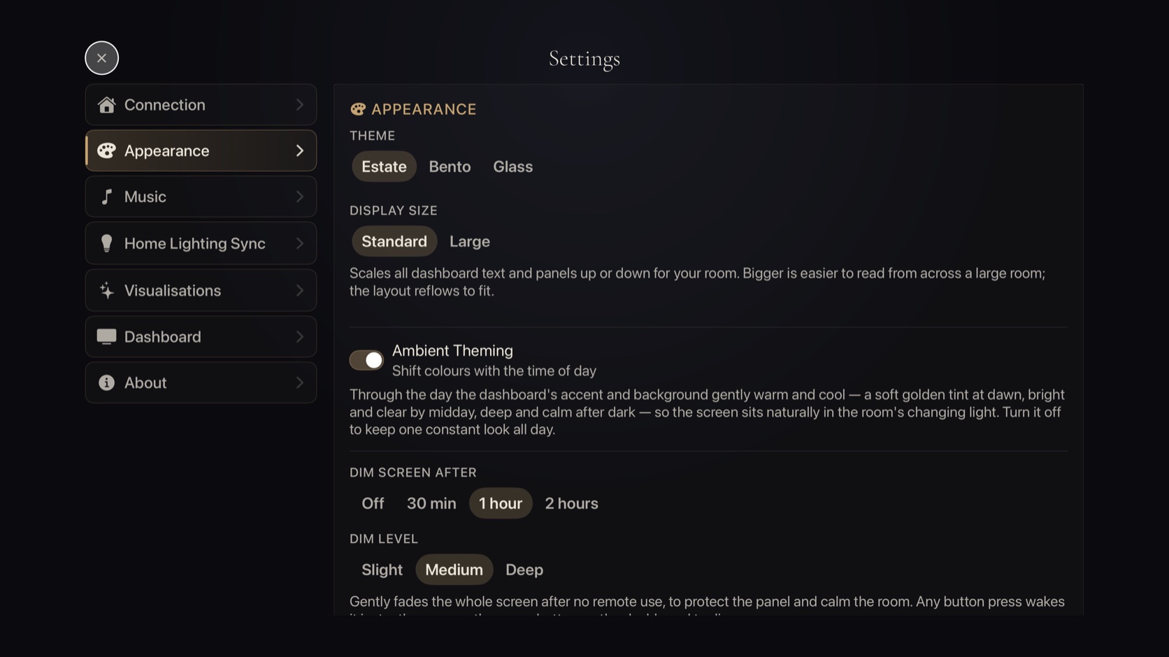Theatrium settings on the TV, the room lights a soft, muted white