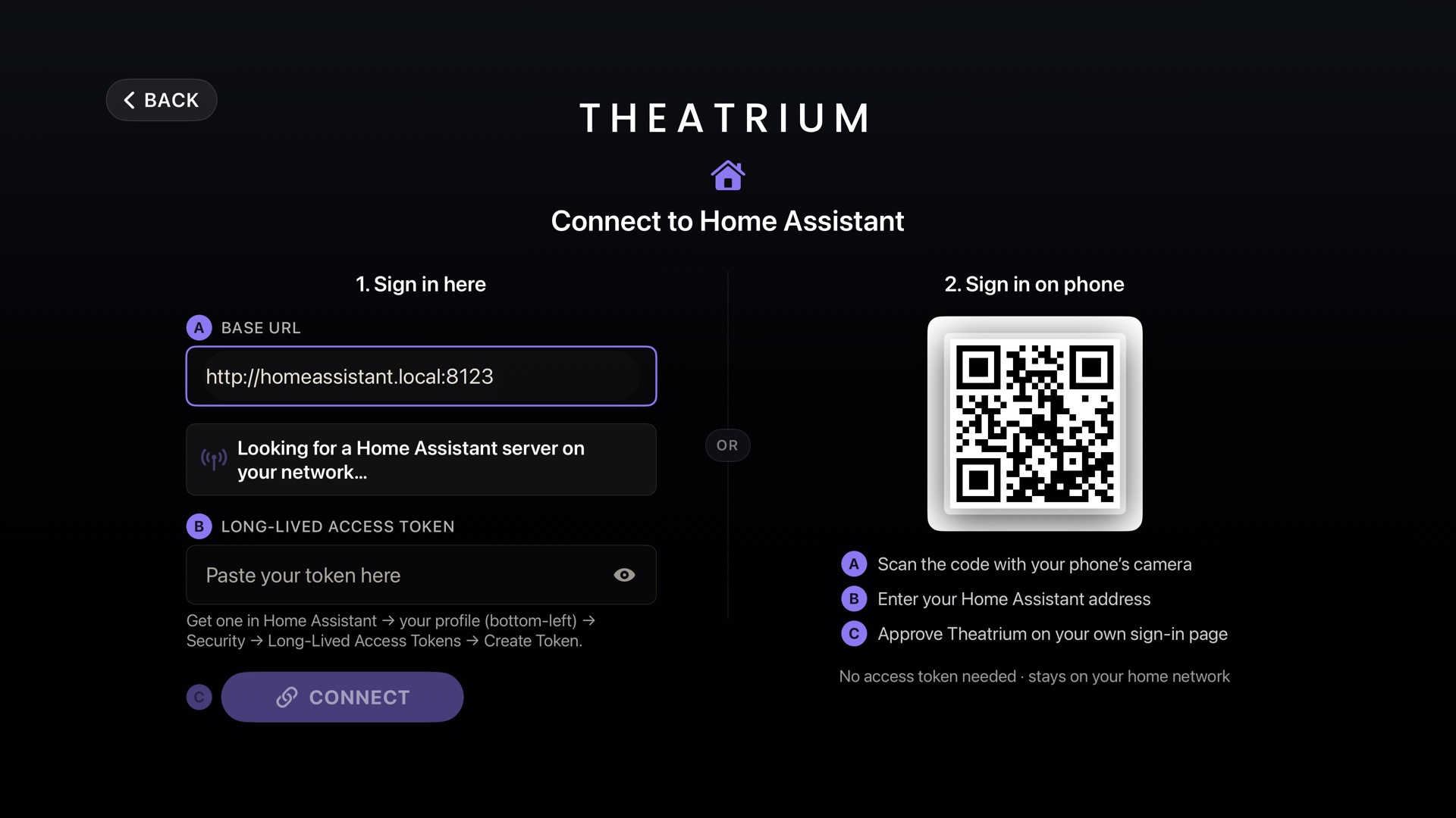 Theatrium’s Home Assistant sign-in: an address found on the network, or a QR code to sign in from your phone