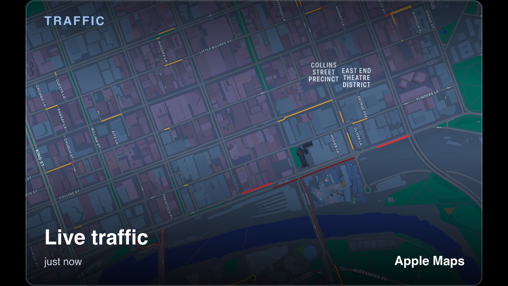 Theatrium’s Traffic card on the Apple TV, a live Apple Maps view with the streets colored by congestion