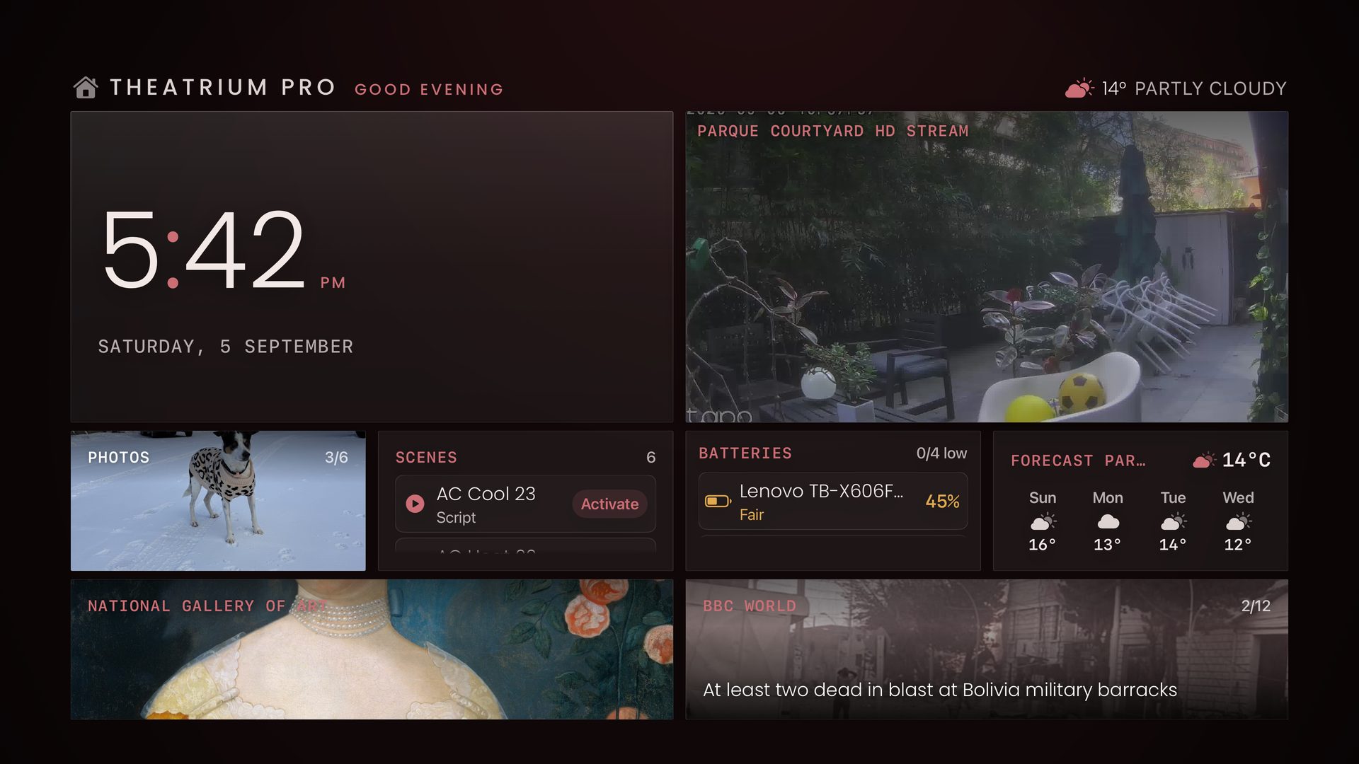 Bento dashboard in the Bordeaux palette: camera, photos, art and the news