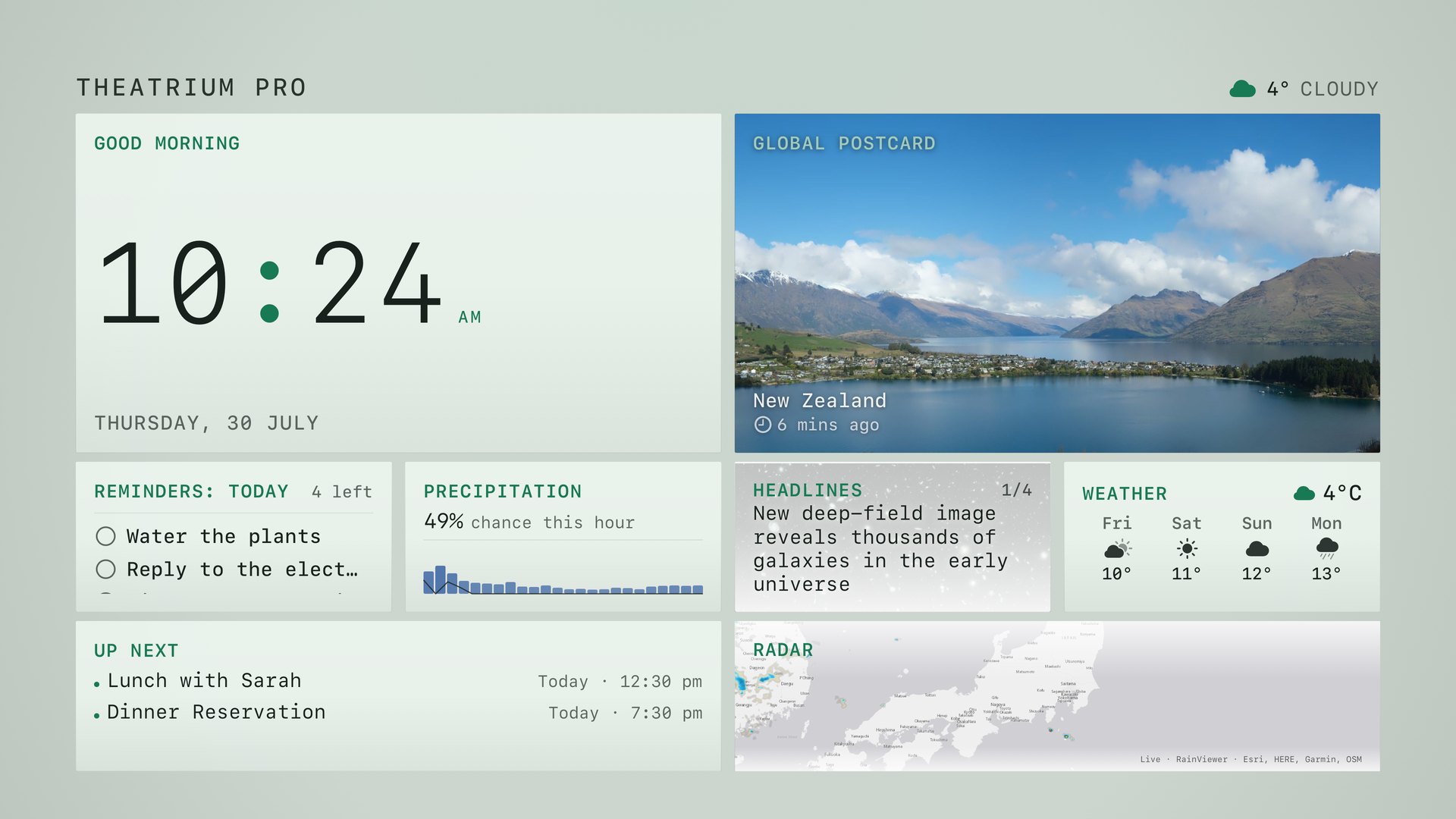 Bento dashboard in daylight: the clock and date, today&rsquo;s reminders, the chance of rain, headlines, the weather, what&rsquo;s next in the calendar, a live postcard and the rain radar
