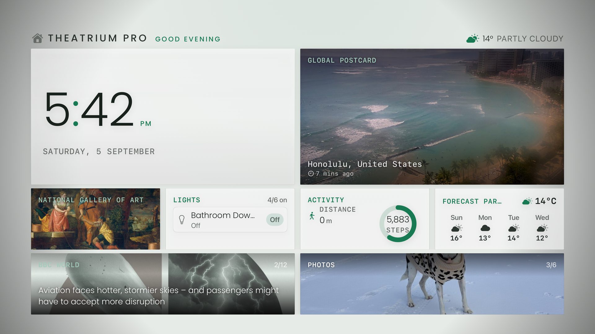 Bento dashboard in the Emerald palette, light face: webcam, art, lights, activity and news