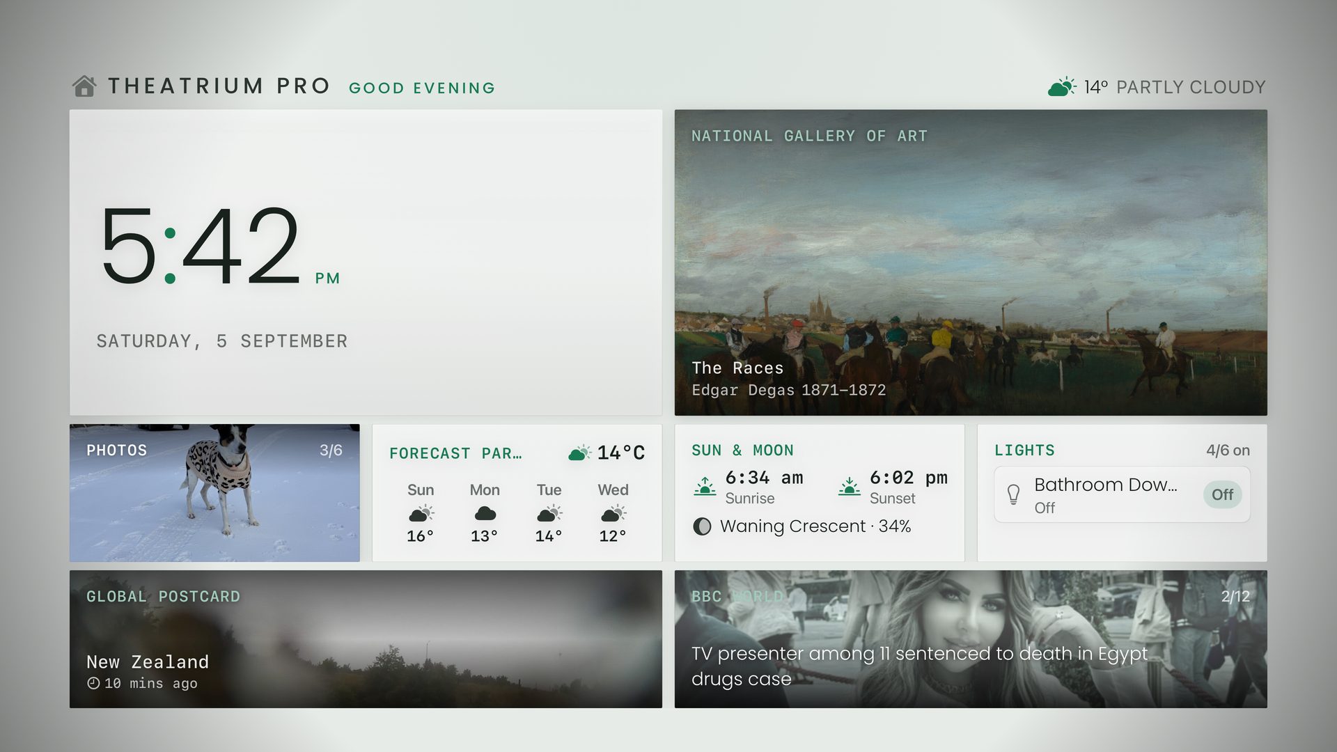 Bento dashboard in the Platinum palette, light face: art, photos, weather, sun times and news