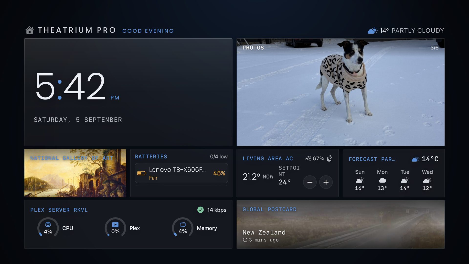 Bento dashboard in the Sapphire palette: photos, art, batteries, climate and a webcam