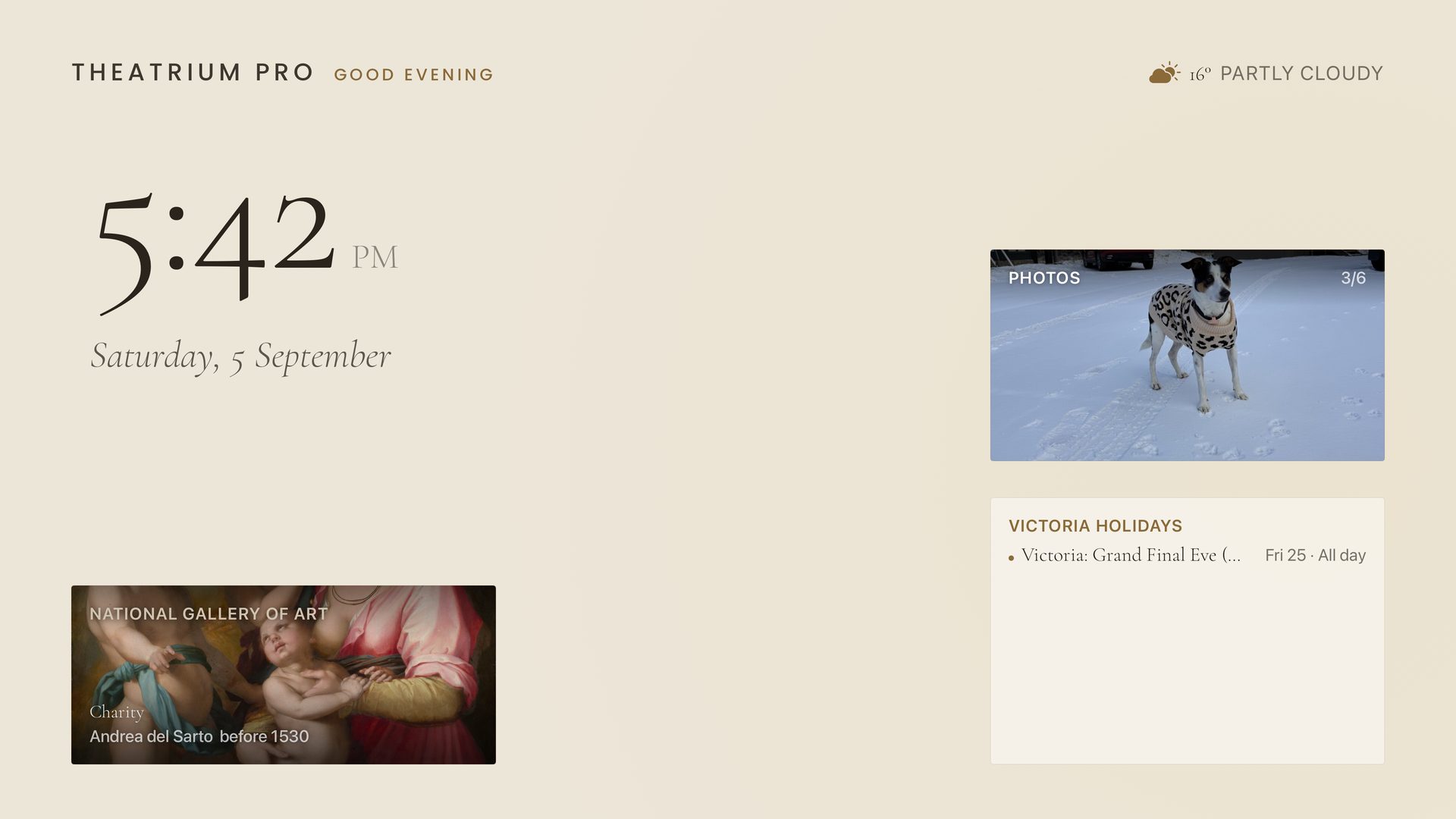 Estate dashboard, light face: a painting, family photos and the calendar