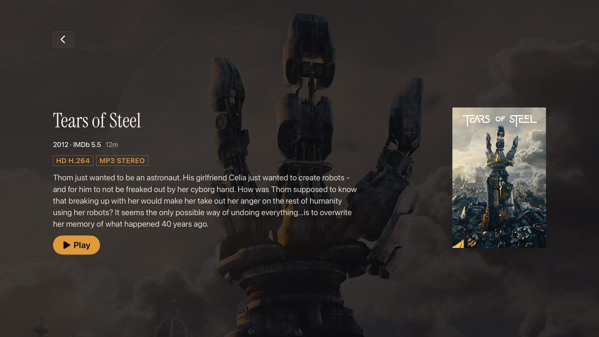 A Theatrium film page for Tears of Steel: poster, synopsis, year, runtime and a Play button, over the film’s backdrop